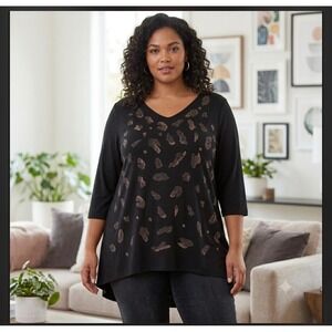 Susan Graver Weekend Black Leopard Gem Studded V-Neck Tunic Top 3/4 Sleeve 2X